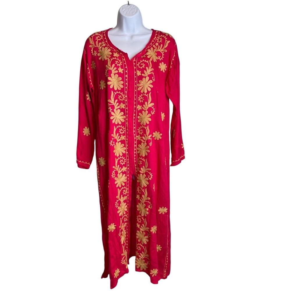 Women's Magenta Gold Embroidered Kurti Maxi Dress Sz 44/14 Wedding Festival-Chic
